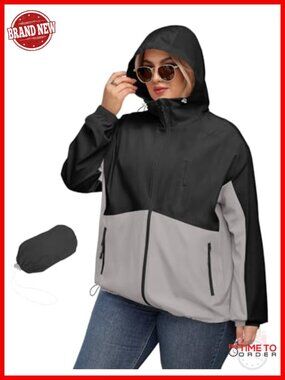 Plus Size Waterproof Rain Jacket with Hood Lightweight Packable Trench Coat